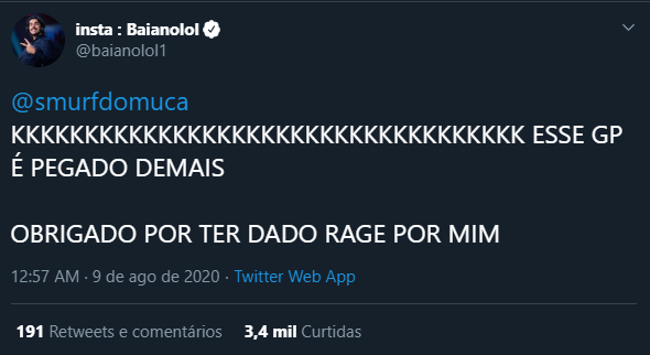 Baiano agradece rage do Smurfdomuca em redes sociais.